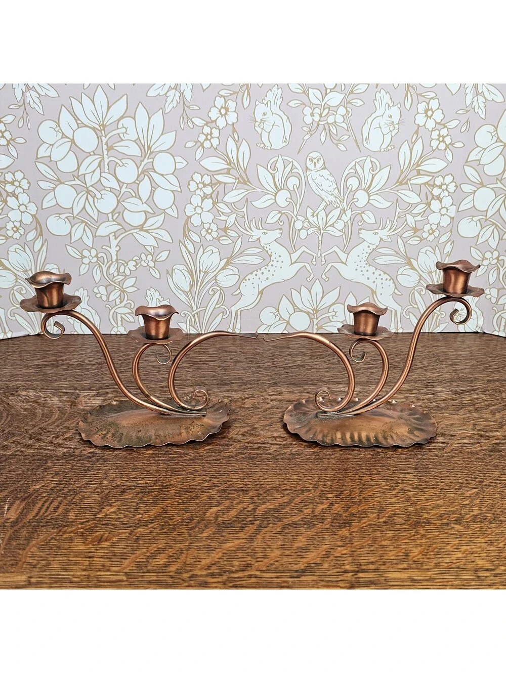 Vintage Gregorian Solid Copper Candle Holders Pair with Candle Snuffer